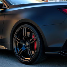 A car with glossy black wheels and matte black bodywork, showcasing a sleek and modern design