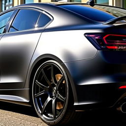 A car with glossy black wheels and matte black bodywork, showcasing a sleek and modern design