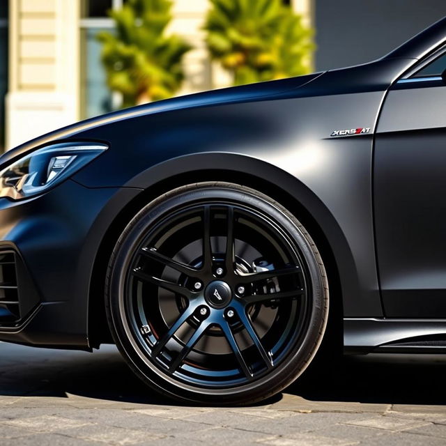 A car with glossy black wheels and matte black bodywork, showcasing a sleek and modern design