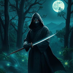 A mystical ninja in a moonlit forest, shrouded in ethereal mist