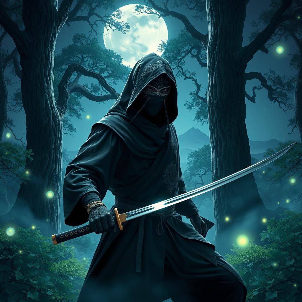 A mystical ninja in a moonlit forest, shrouded in ethereal mist