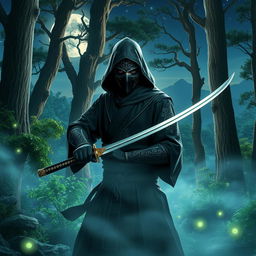 A mystical ninja in a moonlit forest, shrouded in ethereal mist
