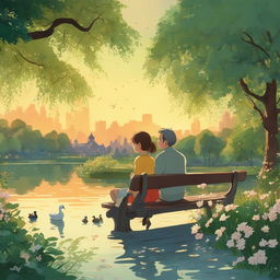 Studio Ghibli style animation of a small girl and her father sitting on an ornate park bench admiring a large pond filled with ducks, ducklings, swans in a lush botanical garden at sunset