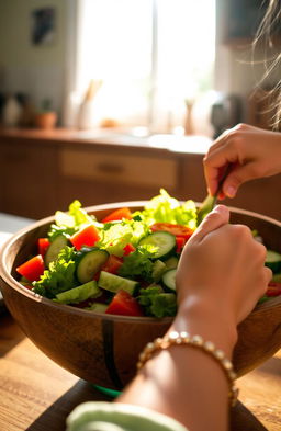 A close-up shot of a girl's hand mixing a fresh and colorful salad in a large, rustic wooden bowl