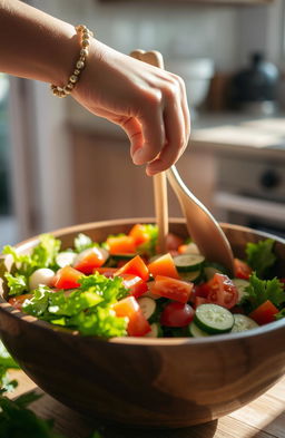 A close-up shot of a girl's hand mixing a fresh and colorful salad in a large, rustic wooden bowl