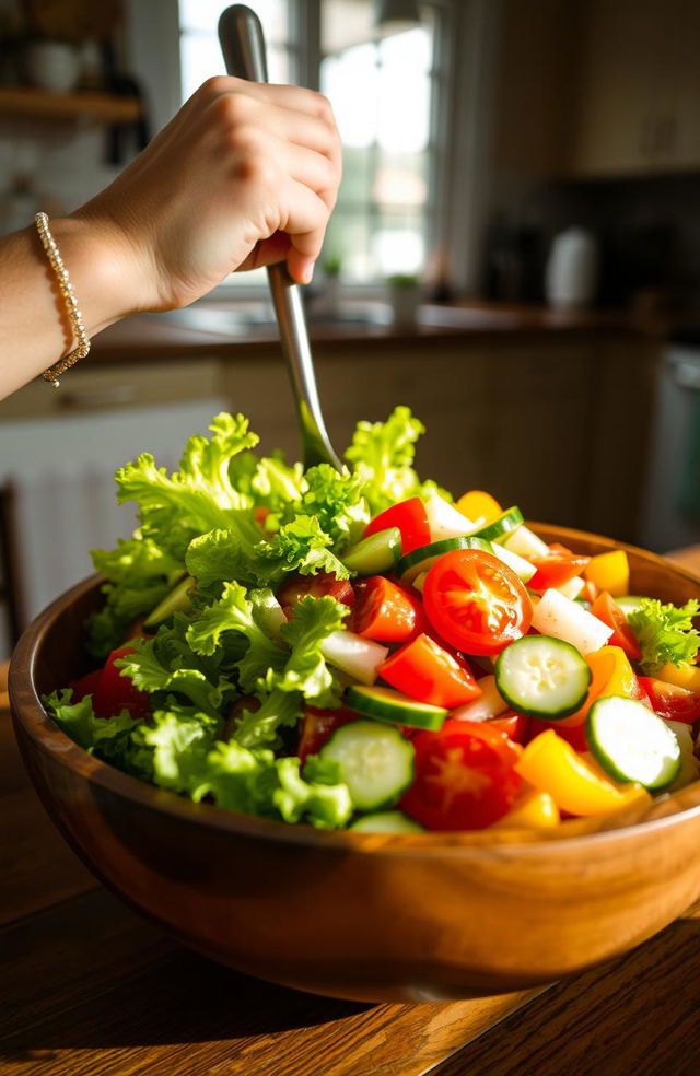 A close-up shot of a girl's hand mixing a fresh and colorful salad in a large, rustic wooden bowl