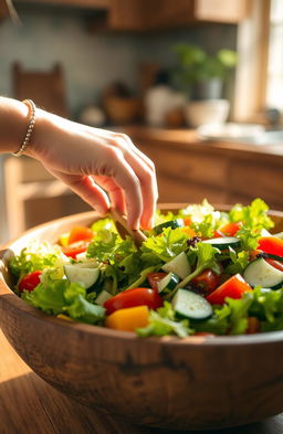 A close-up shot of a girl's hand mixing a fresh and colorful salad in a large, rustic wooden bowl