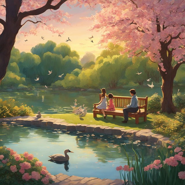 Studio Ghibli style animation of a small girl and her father sitting on an ornate park bench admiring a large pond filled with ducks, ducklings, swans in a lush botanical garden at sunset