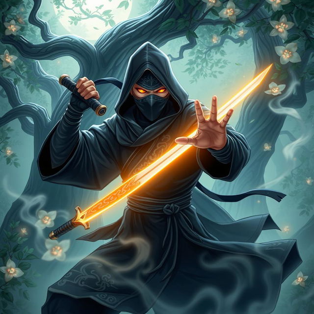 A dynamic and captivating illustration of a mystic ninja, dressed in flowing dark robes adorned with intricate patterns