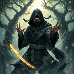 A dynamic and captivating illustration of a mystic ninja, dressed in flowing dark robes adorned with intricate patterns