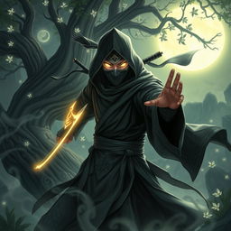 A dynamic and captivating illustration of a mystic ninja, dressed in flowing dark robes adorned with intricate patterns