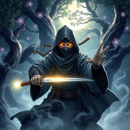A dynamic and captivating illustration of a mystic ninja, dressed in flowing dark robes adorned with intricate patterns