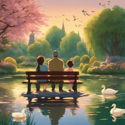 Studio Ghibli style animation of a small girl and her father sitting on an ornate park bench admiring a large pond filled with ducks, ducklings, swans in a lush botanical garden at sunset