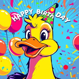 A vibrant birthday poster featuring a close-up of a cartoon duck in a lively pop art style, bursting with color and energy