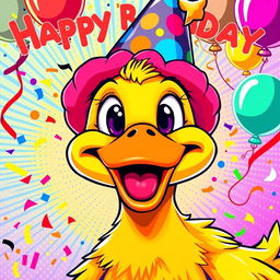 A vibrant birthday poster featuring a close-up of a cartoon duck in a lively pop art style, bursting with color and energy