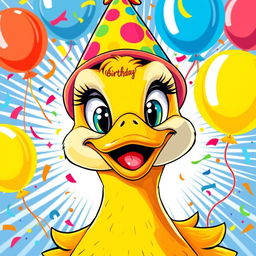 A vibrant birthday poster featuring a close-up of a cartoon duck in a lively pop art style, bursting with color and energy