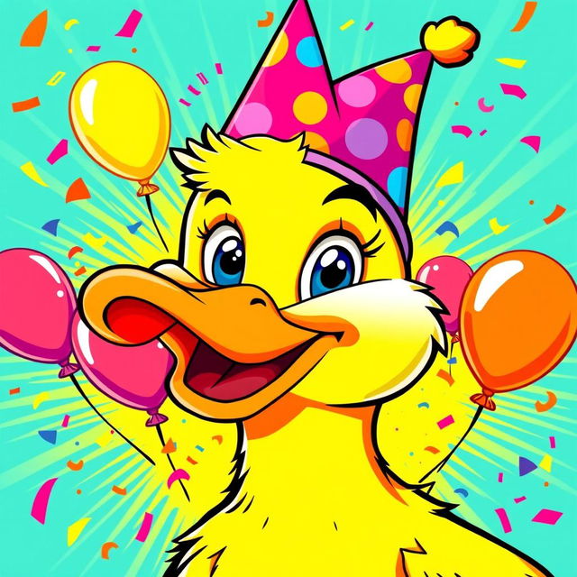 A vibrant birthday poster featuring a close-up of a cartoon duck in a lively pop art style, bursting with color and energy