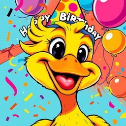 A vibrant birthday poster featuring a close-up of a cartoon duck in a lively pop art style