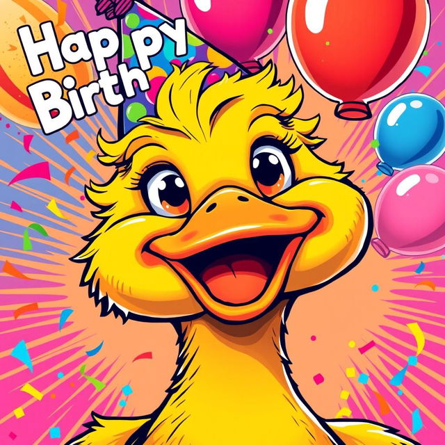 A vibrant birthday poster featuring a close-up of a cartoon duck in a lively pop art style