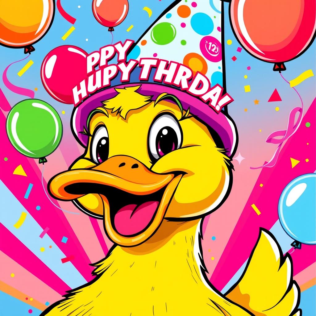 A vibrant birthday poster featuring a close-up of a cartoon duck in a lively pop art style