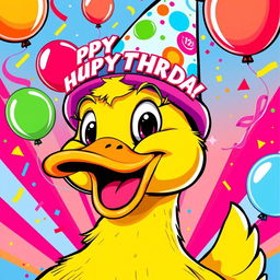 A vibrant birthday poster featuring a close-up of a cartoon duck in a lively pop art style