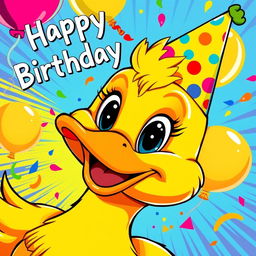 A vibrant birthday poster featuring a close-up of a cartoon duck in a lively pop art style