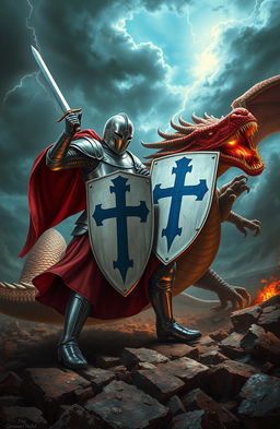 A dramatic scene featuring a brave knight in shining armor, wielding a sword, as he battles a fierce dragon