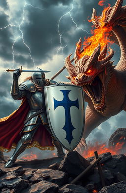 A dramatic scene featuring a brave knight in shining armor, wielding a sword, as he battles a fierce dragon