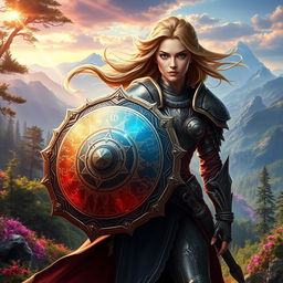 A powerful female warrior standing confidently in a breathtaking fantasy landscape