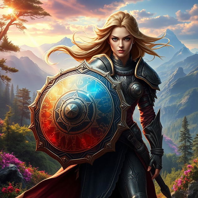 A powerful female warrior standing confidently in a breathtaking fantasy landscape