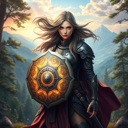 A powerful female warrior standing confidently in a breathtaking fantasy landscape