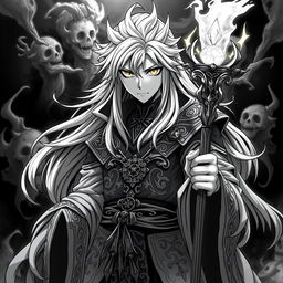 A striking black and white portrait of a powerful anime necromancer