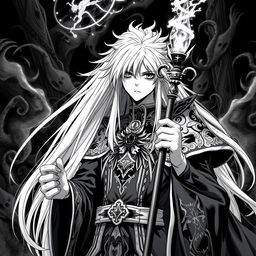 A striking black and white portrait of a powerful anime necromancer