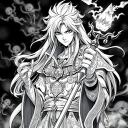 A striking black and white portrait of a powerful anime necromancer