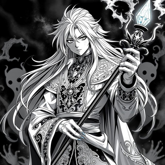 A striking black and white portrait of a powerful anime necromancer