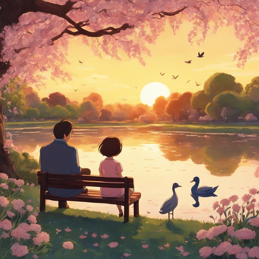 Studio Ghibli style animation of a small girl and her father sitting on an ornate park bench in a botanical garden clearing overlooking a large pond filled with ducks, ducklings, swans at sunset