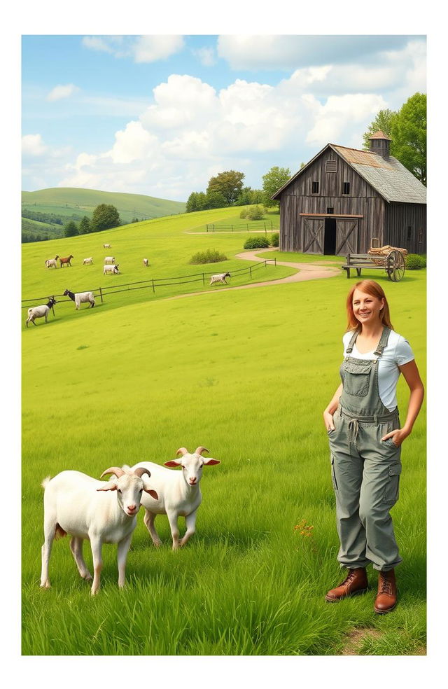 A scenic farm landscape with goats grazing peacefully on the left side, showcasing lush green fields and a rustic barn in the background