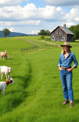 A scenic farm landscape with goats grazing peacefully on the left side, showcasing lush green fields and a rustic barn in the background