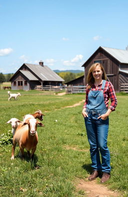 A scenic farm landscape with goats grazing peacefully on the left side, showcasing lush green fields and a rustic barn in the background