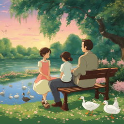 Studio Ghibli style animation of a small girl and her father sitting on an ornate park bench in a botanical garden clearing overlooking a large pond filled with ducks, ducklings, swans at sunset