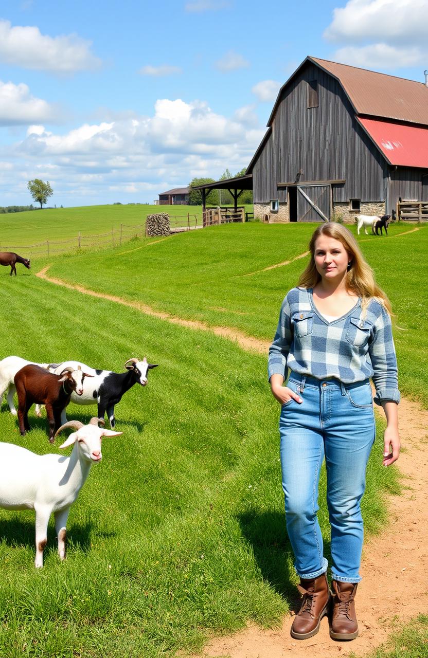 A scenic farm landscape with goats grazing peacefully on the left side, showcasing lush green fields and a rustic barn in the background