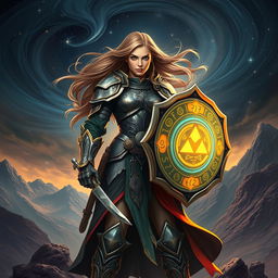 An epic book cover design featuring a strong female warrior clad in intricately designed armor, standing proudly with a glowing magical shield in her hand