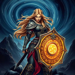 An epic book cover design featuring a strong female warrior clad in intricately designed armor, standing proudly with a glowing magical shield in her hand