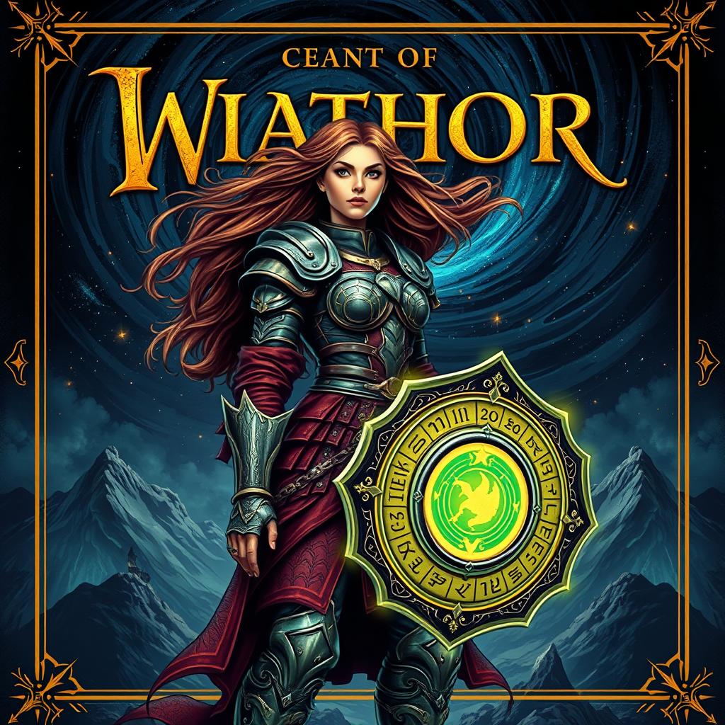 An epic book cover design featuring a strong female warrior clad in intricately designed armor, standing proudly with a glowing magical shield in her hand