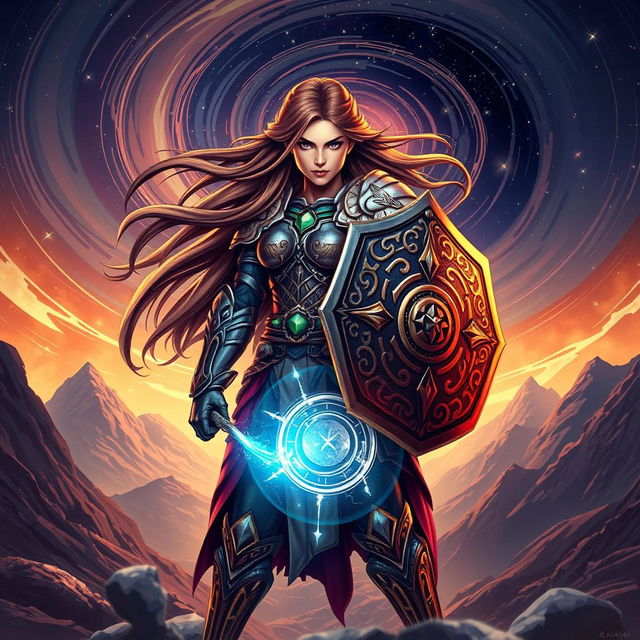 An epic book cover design featuring a strong female warrior clad in intricately designed armor, standing proudly with a glowing magical shield in her hand