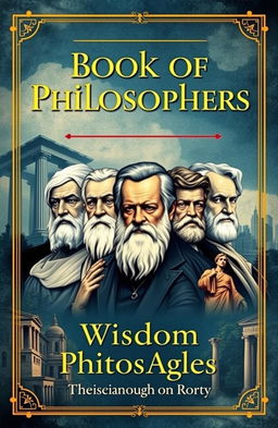 A visually striking cover design for a book titled 'Book of Philosophers', featuring a collage of iconic philosophers like Socrates, Plato, Aristotle, and modern thinkers like Nietzsche and Rorty