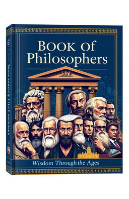 A visually striking cover design for a book titled 'Book of Philosophers', featuring a collage of iconic philosophers like Socrates, Plato, Aristotle, and modern thinkers like Nietzsche and Rorty