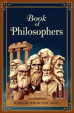 A visually striking cover design for a book titled 'Book of Philosophers', featuring a collage of iconic philosophers like Socrates, Plato, Aristotle, and modern thinkers like Nietzsche and Rorty