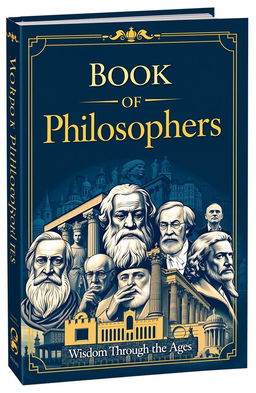 A visually striking cover design for a book titled 'Book of Philosophers', featuring a collage of iconic philosophers like Socrates, Plato, Aristotle, and modern thinkers like Nietzsche and Rorty