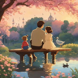 Studio Ghibli style animation of a small girl and her father sitting on an ornate park bench in a botanical garden clearing overlooking a large pond filled with ducks, ducklings, swans at sunset